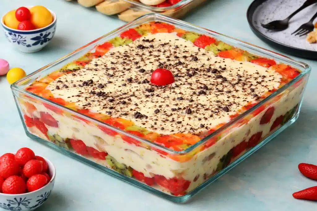 Fruit Trifle Recipe for Eid with layers of sponge cake custard fresh fruits and whipped cream by Ambas Foods